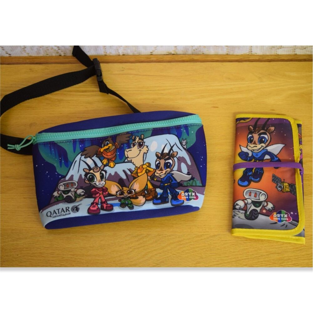 Qatar Airways Oryx Kids Club Fanny Pack and Tri Fold Case 2023 Australia Airline